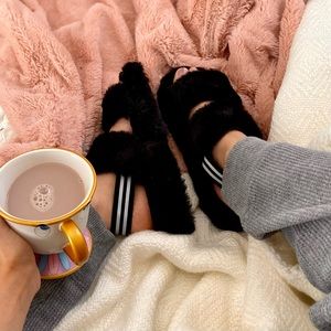 Faux fur double strap sandals